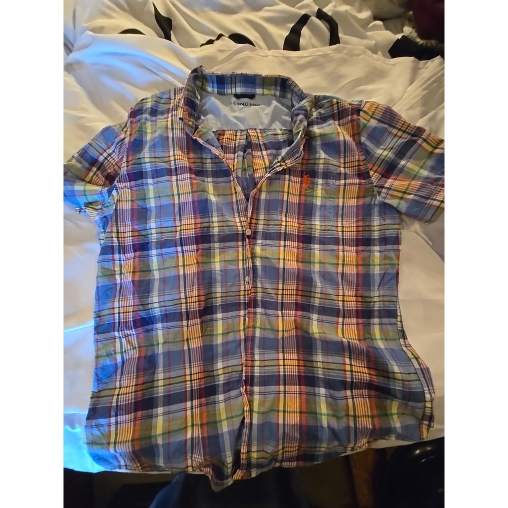 U.S. Polo Assn Shirt Men's Large Blue Button Down Shirt Short Sleeve Plaid (382)